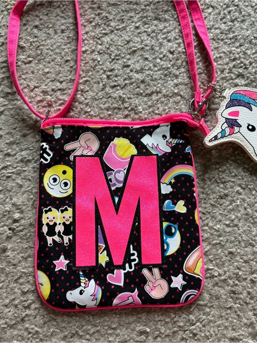 Justice Kids Pink Initial 'M' Crossbody Bag with Unicorn Charm Purse Pink Black